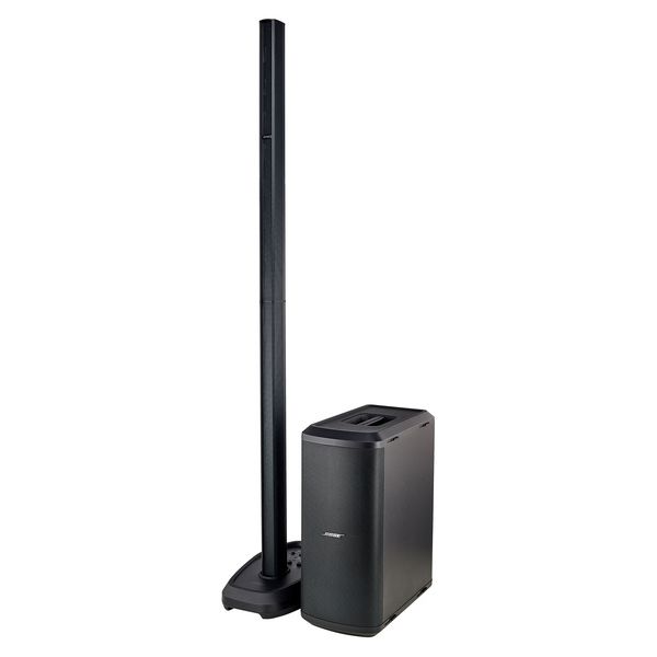 Un système de sonorisation portable ENCEINTE BOSE L1 noir comprenant un haut-parleur vertical sur une base, avec un caisson de basse rectangulaire placé à côté.