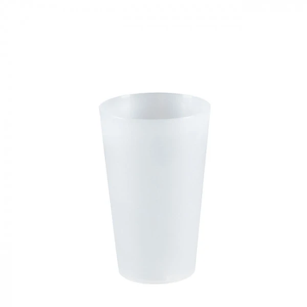Le gobelet VERRES ÉCO RESPONSABLES 25 CL, en plastique blanc translucide, est centré sur un fond blanc.