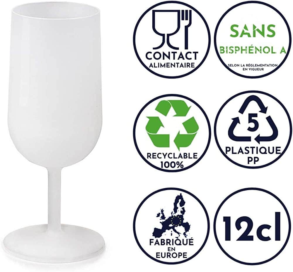 Le GRAND PACK TRAITEUR, fabriqué en Europe en plastique PP sans BPA, sans danger pour les aliments et 100 % recyclable, comprend un verre à vin blanc (12 cl) et est parfait pour organiser votre buffet avec une coupe à champagne.