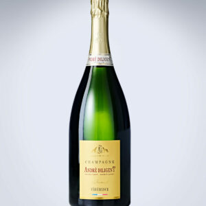 Une bouteille de CHAMPAGNE ANDRÉ DILIGENT (Brut Blanc 75cl) avec un bouchon et une étiquette en feuille d'or, sur un fond de dégradé clair. L'étiquette porte les mentions "Champagne André Diligent" et "Véhémence".