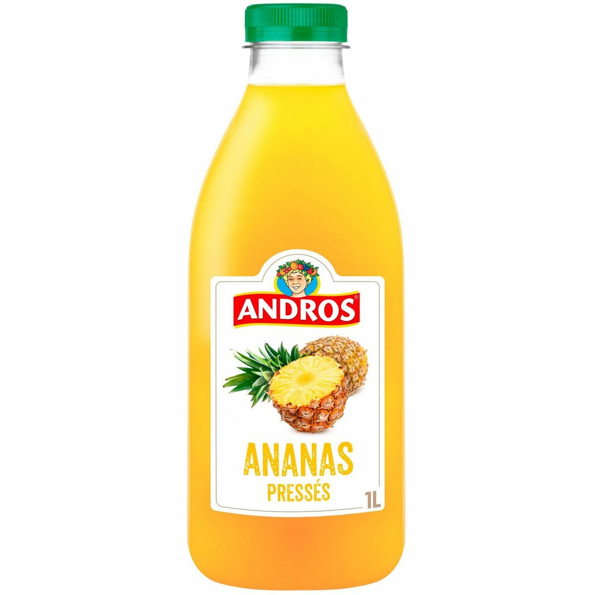 La bouteille de 1 litre de JUS D'ANANAS PRESSÉS ANDROS est munie d'un bouchon vert et d'une étiquette portant le logo d'Andros et des tranches d'ananas.