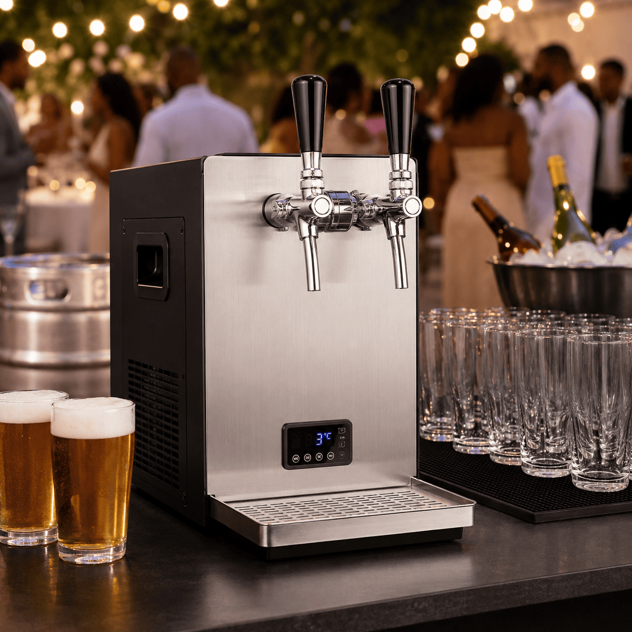 Une tireuse à bières PRO à deux becs (comme dans un vrai bar à bières), en acier inoxydable, trône sur le comptoir, entourée de verres et de deux bières déjà servies. Les convives discutent dans une ambiance feutrée, qui rappelle un événement ou une fête en plein air.