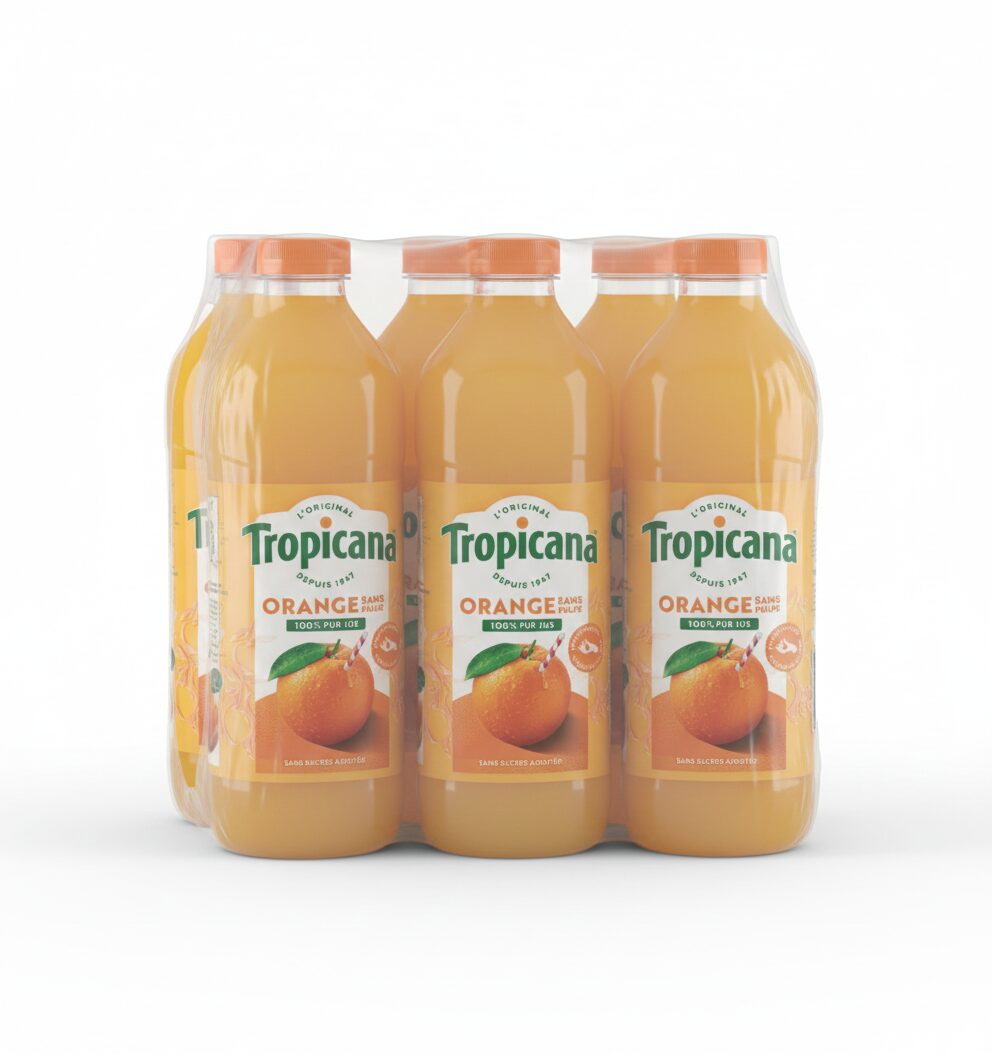 Quatre bouteilles de 1 litre de JUS D'ORANGE TROPICANA, emballées ensemble dans du plastique transparent. Chaque étiquette présente des oranges et mentionne "100% jus d'orange" et "sans sucre ajouté".