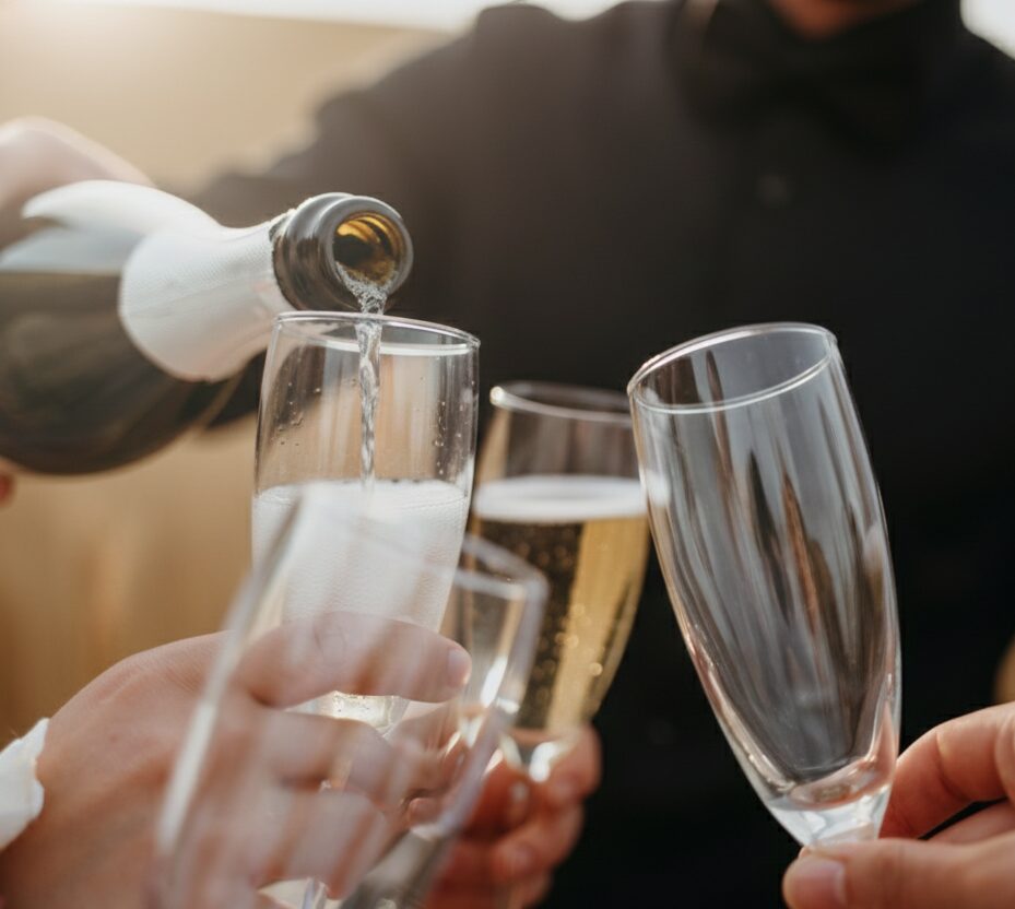 Gros plan de mains tenant des coupes de champagne BARMAN HEURE SUPPLEMENTAIRE alors que du vin mousseux est versé, avec des personnes habillées de manière formelle en arrière-plan, capturant un toast festif.