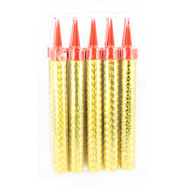 PACK AMBIANCE BOUGIES & ETINCELLES : un paquet de cinq cierges d'or avec des bouchons rouges, disposés verticalement dans un emballage en plastique transparent, parfaits pour les gâteaux d'anniversaire.