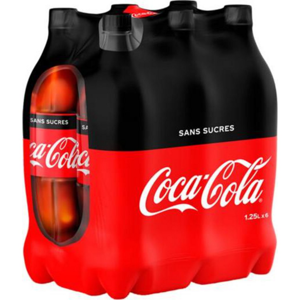Lot de six bouteilles COCA-COLA ZÉRO de 1,25 litre, chacune dans un emballage noir et rouge avec le logo Coca-Cola.