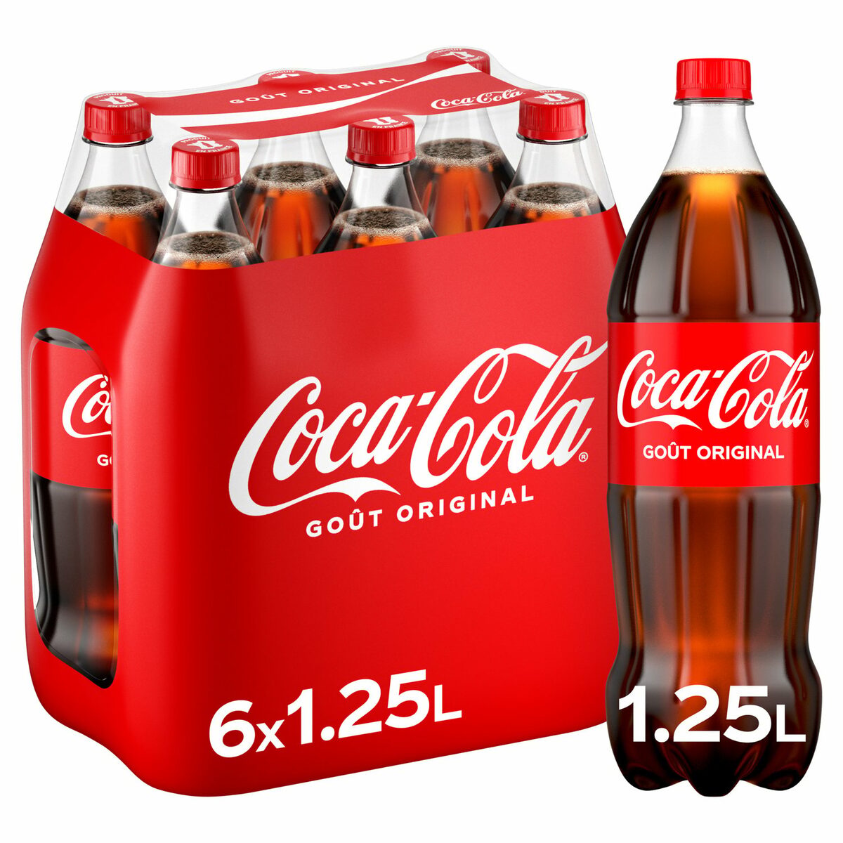 Six bouteilles COCA-COLA ORIGINAL 1,25 L dans un multipack rouge, plus une bouteille COCA-COLA ORIGINAL 1,25 L, toutes deux avec le logo Coca-Cola et l'étiquette Goût Original.