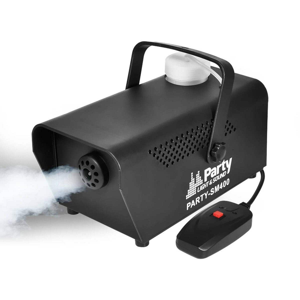 Une machine à fumée noire étiquetée DJ PROFESSIONNEL AVEC SONO & LUMIERES émet un brouillard blanc à partir de sa buse frontale. Elle est équipée d'une poignée supérieure et d'une télécommande filaire.