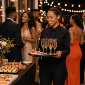 Lors d'une soirée élégante éclairée par des guirlandes lumineuses, le PERSONNEL DE SERVICE (Pour que vous n'ayez à vous occuper que de vos invités !), vêtu de noir, porte un plateau garni de coupes de champagne et d'amuse-bouches, et sert les invités qui discutent autour d'une table magnifiquement décorée.