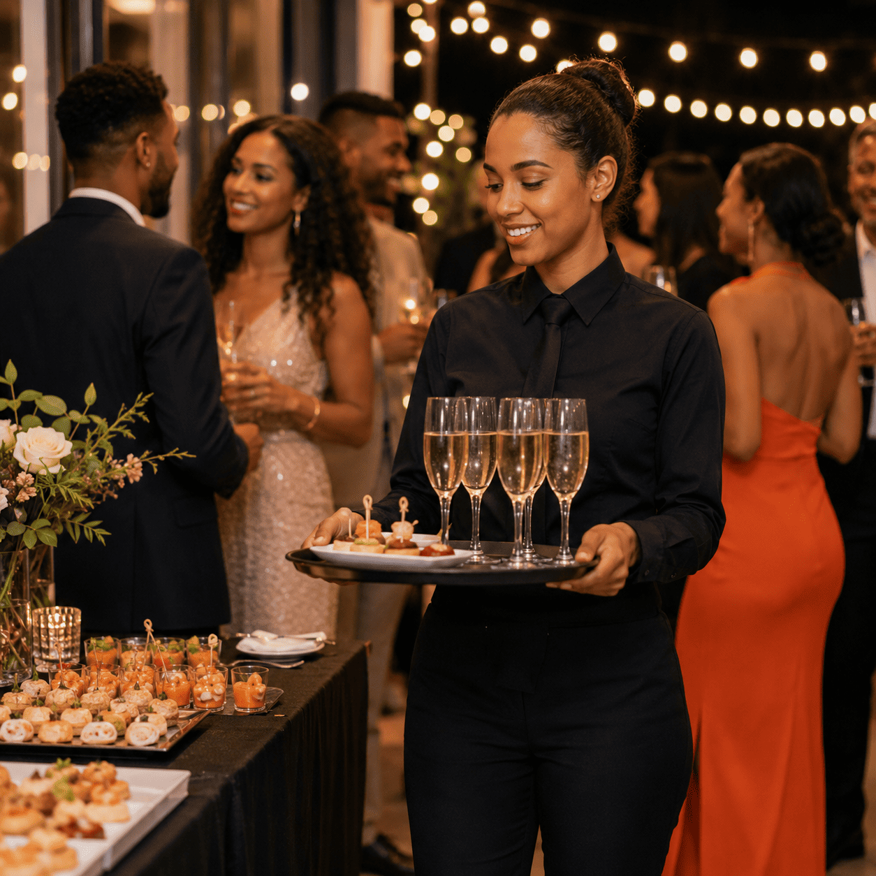 Lors d'une soirée élégante éclairée par des guirlandes lumineuses, le PERSONNEL DE SERVICE (Pour que vous n'ayez à vous occuper que de vos invités !), vêtu de noir, porte un plateau garni de coupes de champagne et d'amuse-bouches, et sert les invités qui discutent autour d'une table magnifiquement décorée.