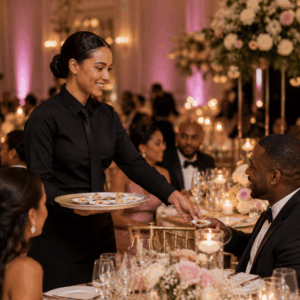 Un membre souriant du PERSONNEL DE SERVICE (L’heure supplémentaire) propose des amuse-bouches à un invité lors d’un événement raffiné, à la lueur des bougies. Les invités, en tenue de soirée, sont assis à des tables ornées de fleurs et de verres.