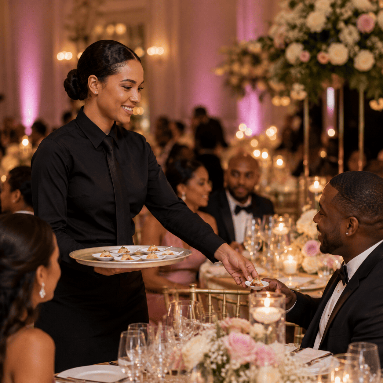 Un membre souriant du PERSONNEL DE SERVICE (L’heure supplémentaire) propose des amuse-bouches à un invité lors d’un événement raffiné, à la lueur des bougies. Les invités, en tenue de soirée, sont assis à des tables ornées de fleurs et de verres.