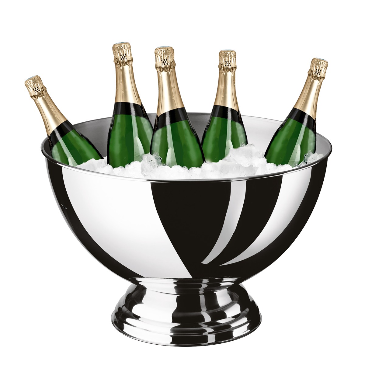 Le GRAND PACK TRAITEUR comprend une coupe à champagne argentée remplie de glace, qui contient élégamment six bouteilles de champagne vertes à bouchon doré, parfaites pour garder les boissons au frais lors de votre buffet.