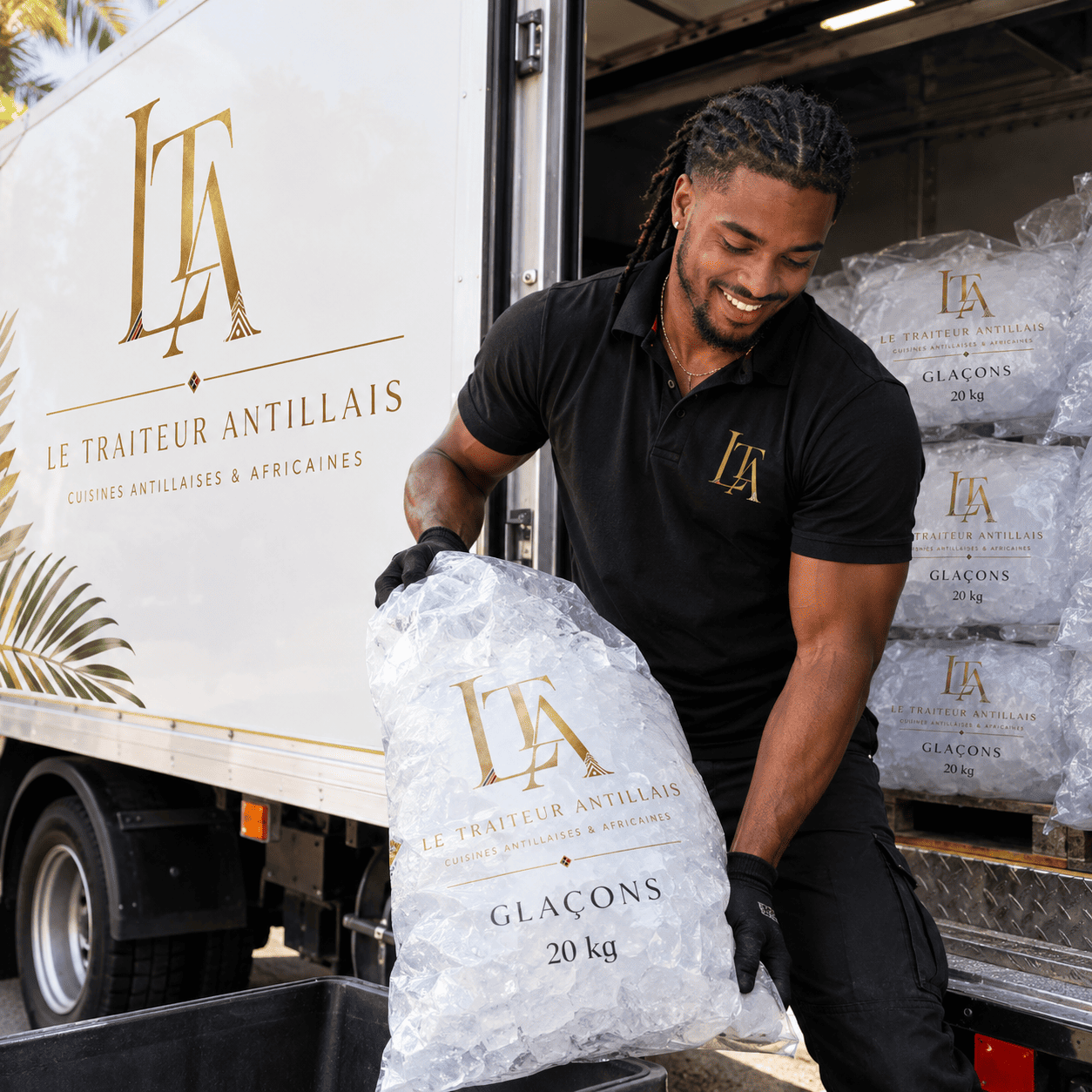 Un homme souriant, portant des gants noirs, décharge un SAC DE GLAÇONS DE 20 KG (pour remplir la cuve et refroidir les bouteilles) d'un camion portant l'enseigne « Le Traiteur Antillais », orné d'un logo doré et de motifs de feuilles tropicales. D'autres sacs de glaçons sont empilés à l'intérieur du camion.