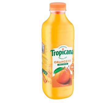 Une bouteille de 1 litre de JUS D'ORANGE TROPICANA avec un bouchon orange, du jus d'orange à l'intérieur et une étiquette portant le logo Tropicana, des oranges et le texte "100% pur jus d'orange".