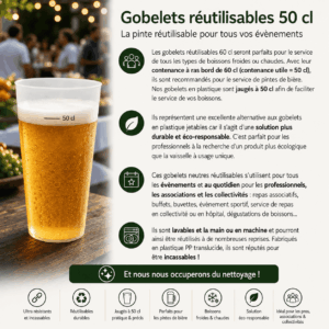 Un verre à bière écologique de 50 cl rempli de bière est posé sur la table. Un texte explicatif met en avant ses avantages pour les événements, notamment sa réutilisabilité, sa facilité de nettoyage, sa conception écologique et sa polyvalence pour différentes boissons.