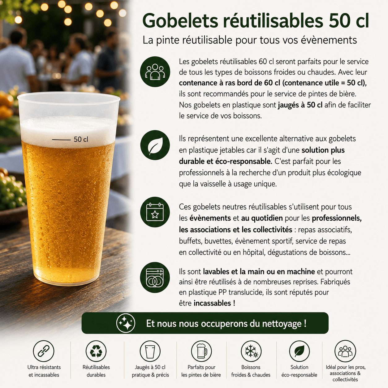Un verre à bière écologique de 50 cl rempli de bière est posé sur la table. Un texte explicatif met en avant ses avantages pour les événements, notamment sa réutilisabilité, sa facilité de nettoyage, sa conception écologique et sa polyvalence pour différentes boissons.