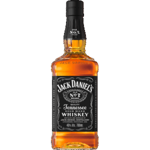 Une bouteille de 700 ml de WHISKY JACK DANIEL'S avec une étiquette noire indiquant la marque et les détails du produit, remplie de whisky ambré.