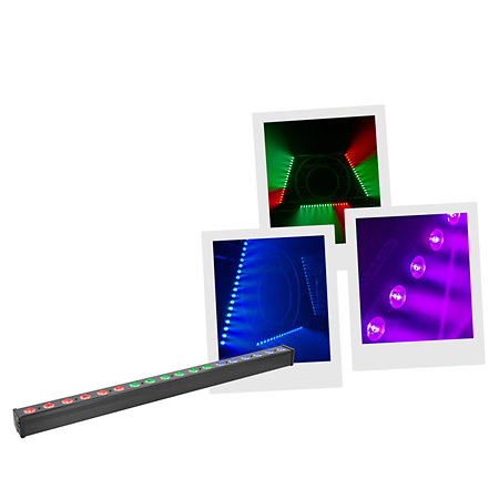 La BARRE A LEDS TRICOLORES est affichée sous trois photos de type polaroïd qui montrent les effets lumineux rouges, verts et bleus créés par la barre LED tricolore.