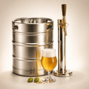 Un fût de 30 litres de BIÈRES ARTISANALES, accompagné d'un robinet à bière avec une poignée en bois, d'un verre rempli de bière artisanale mousseuse, de deux cônes de houblon verts frais et de plusieurs grains d'orge, est mis en valeur sur une surface claire, devant un fond neutre.