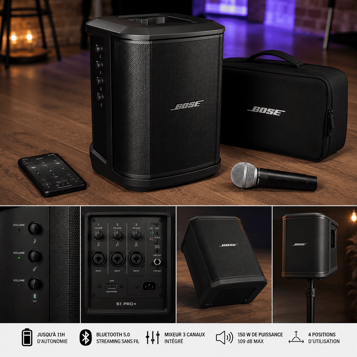 Une enceinte BOSE S1 (auto-alimentée), accompagnée d'un microphone, d'une housse de transport et d'un panneau de commande, est présentée sur une table à côté d'un smartphone. La partie inférieure de l'image montre les caractéristiques du produit et des gros plans.