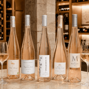 Cinq bouteilles de vin « CHOISISSEZ UN VIN ROSÉ POUR VOTRE ÉVÉNEMENT », accompagnées de verres, sont disposées sur un comptoir en marbre, avec en arrière-plan des étagères remplies de bouteilles de vin, le tout baigné d'une lumière chaleureuse dans une cave à vin accueillante.