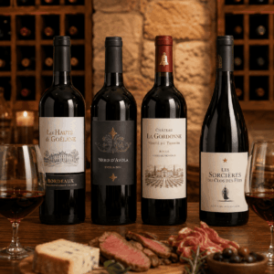 Quatre bouteilles de « CHOISISSEZ UN VIN ROUGE POUR VOTRE ÉVÉNEMENT » sont alignées sur une table en bois, à côté de deux verres à vin, de charcuterie, de fromage et d'olives. À l'arrière-plan, un casier à vin et un mur en pierre contribuent à créer une ambiance chaleureuse et rustique.