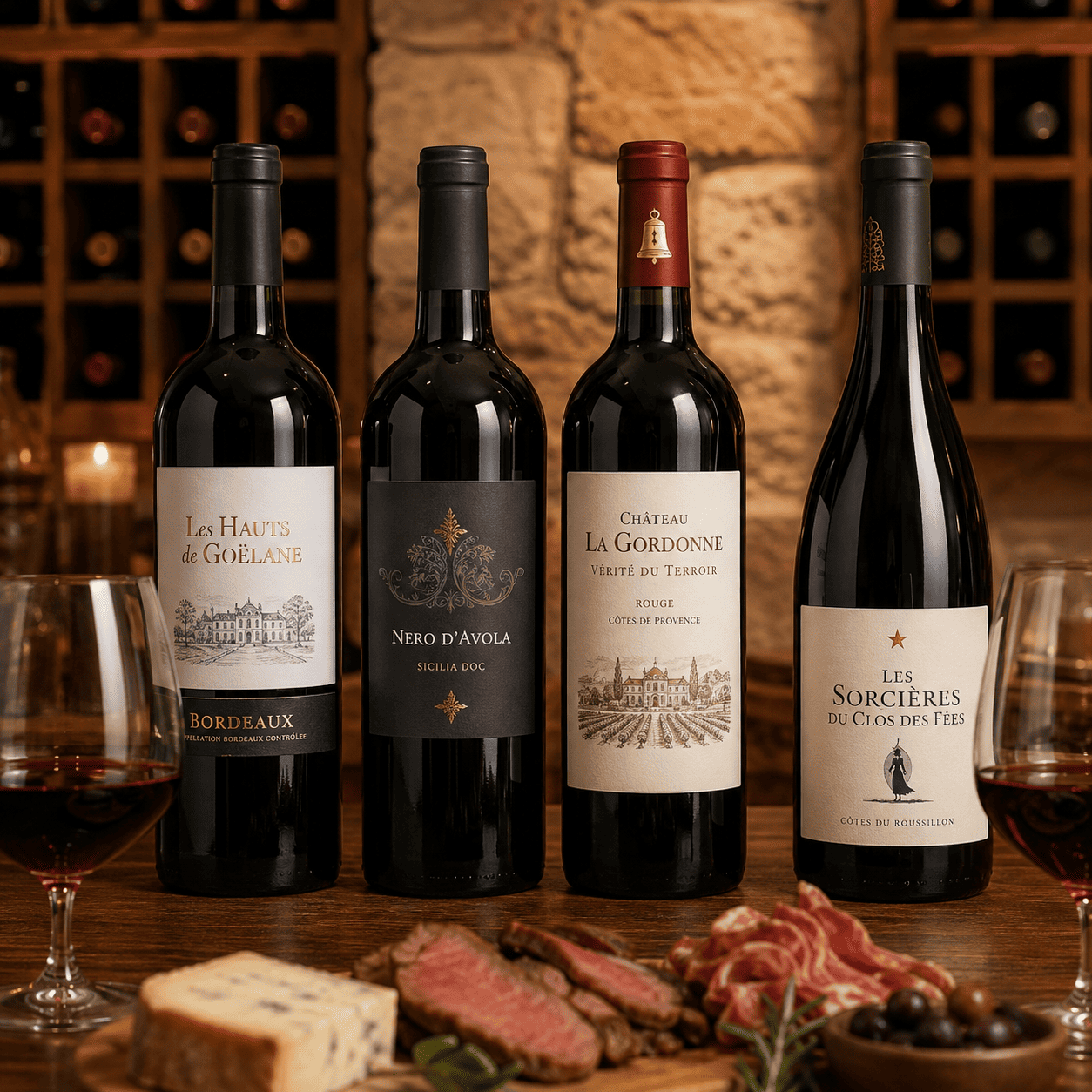 Quatre bouteilles de « CHOISISSEZ UN VIN ROUGE POUR VOTRE ÉVÉNEMENT » sont alignées sur une table en bois, à côté de deux verres à vin, de charcuterie, de fromage et d'olives. À l'arrière-plan, un casier à vin et un mur en pierre contribuent à créer une ambiance chaleureuse et rustique.