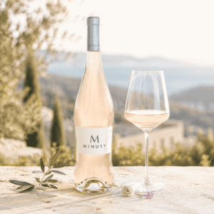 Une bouteille de COTE DE PROVENCE MINUTY ROSÉ CUVÉE 2022 et un verre à vin rempli sont posés sur une surface en pierre à l'extérieur, entourés de feuilles d'olivier et de petites fleurs, avec en arrière-plan une végétation floue et des collines.