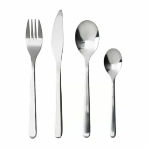 Le set JEU DE 4 COUVERTS comprend une fourchette, un couteau, une cuillère à soupe et une cuillère à café en acier inoxydable présentés en rang sur un fond blanc.
