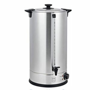Le BOUILLOIRE & DISTRIBUTEUR DE VIN CHAUD est une grande urne électrique en acier inoxydable avec des poignées latérales, un couvercle, une jauge de niveau d'eau visible et des boutons de commande à la base pour chauffer ou distribuer des boissons chaudes.