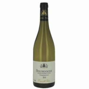 Une bouteille de 75cl de BOURGOGNE CHARDONNAY (vin blanc) se tient debout sur un fond blanc, avec une étiquette de couleur crème avec des détails dorés.
