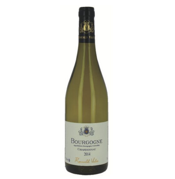 Une bouteille de 75cl de BOURGOGNE CHARDONNAY (vin blanc) se tient debout sur un fond blanc, avec une étiquette de couleur crème avec des détails dorés.