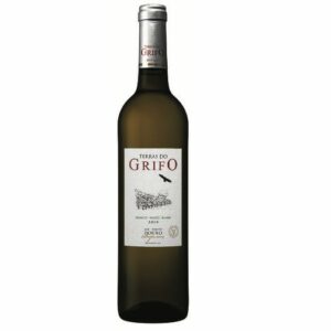 Une bouteille de TERRAS DO GRIFO BLANC 75CL D.O.P. DOURO A.O.C (vin blanc portugais) avec une étiquette blanche présentant un graphique d'oiseau et une illustration de vignoble, étiquetée Branco White Blanc 2019 et des détails supplémentaires.