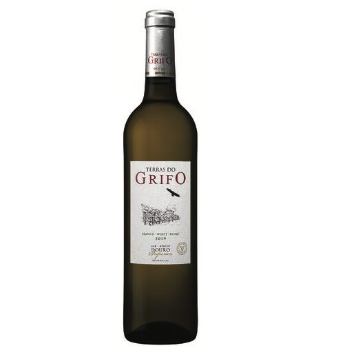 Une bouteille de TERRAS DO GRIFO BLANC 75CL D.O.P. DOURO A.O.C (vin blanc portugais) avec une étiquette blanche présentant un graphique d'oiseau et une illustration de vignoble, étiquetée Branco White Blanc 2019 et des détails supplémentaires.