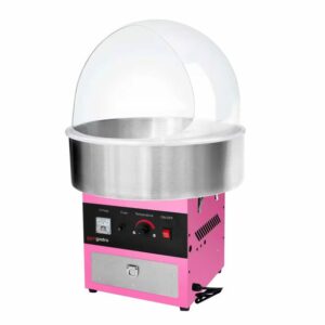 La MACHINE À BARBE À PAPA est une machine à barbe à papa rose et argentée dotée d'un couvercle transparent, de cadrans de contrôle, d'interrupteurs et d'un cordon d'alimentation à la base.