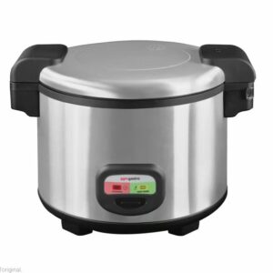La MACHINE À RIZ est un cuiseur à riz électrique en acier inoxydable avec un couvercle fermé, des poignées noires et un panneau de commande frontal avec des voyants rouge et vert.