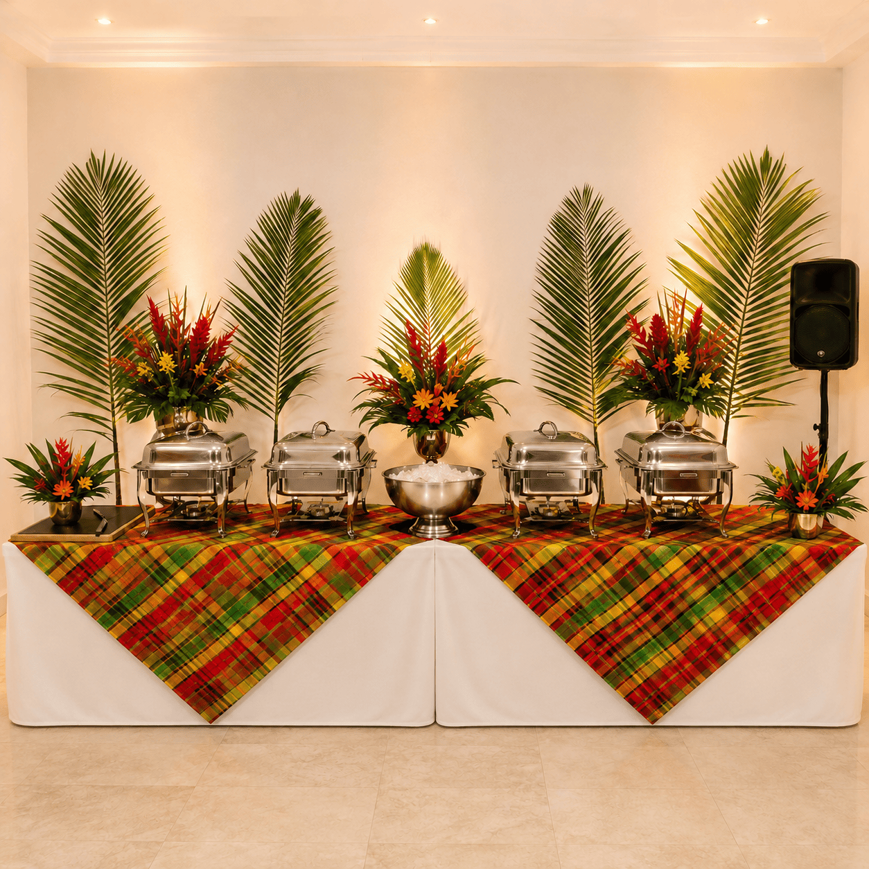 UN BUFFET À L'AMBIANCE ANTILLAISE, agrémenté de quatre réchauds, d'un grand saladier en métal, de compositions florales tropicales et de feuilles de palmier. La table est recouverte d'une nappe blanche et de napperons à carreaux aux couleurs vives.
