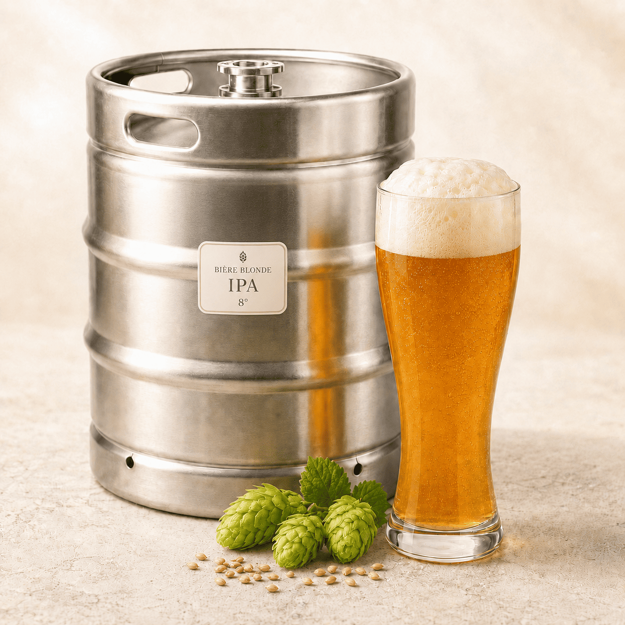 Un fût métallique portant l'étiquette « FÛT DE BIÈRE BLONDE « IPA » 8° 30 L » (Bière artisanale Bouledogue) est posé à côté d'un grand verre de bière mousseuse, avec des brins de houblon verts et des grains d'orge éparpillés devant, sur une surface claire.
