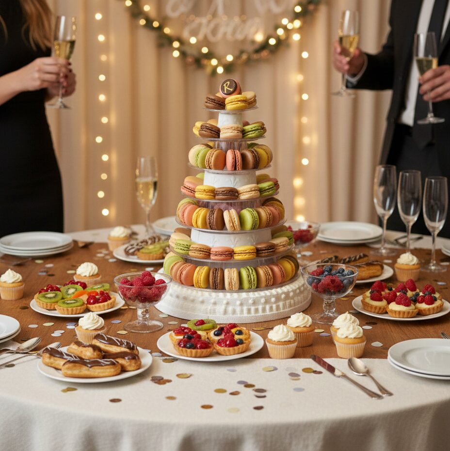 Sur une table de fête, la PIÉCE MONTÉE PYRAMIDE DE 191 MACARONS est placée au centre de la table, entourée d'un assortiment de pâtisseries, de tartes aux fruits, de cupcakes, de coupes de champagne et de deux personnes qui trinquent sous des lumières chaudes et une guirlande décorative.