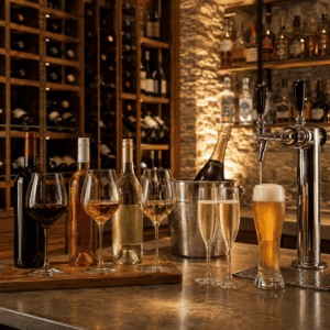 À LA CAVE MAGNOLIA, des bouteilles et des verres de vin rouge, rosé, blanc et mousseux sont exposés au bar, à côté d'un robinet à bière servant un verre, tandis que des étagères remplies de vins et de spiritueux occupent l'arrière-plan.