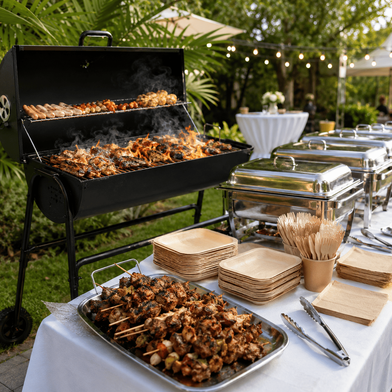 Découvrez « LE MATÉRIEL POUR L’ANIMATION BARBECUE », un barbecue avec des brochettes en train de cuire à côté d’une table de buffet installée en plein air, entourée de verdure et de guirlandes lumineuses, sur laquelle sont disposés des plateaux de brochettes grillées, des assiettes, des serviettes et des couverts.