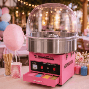 Une MACHINE À BARBE À PAPA munie d’un couvercle bombé trône sur une table, à côté d’un bâtonnet de barbe à papa rose, de gobelets en papier, de bâtonnets en bois et de récipients remplis de sucre coloré, dans un décor festif et décoré.