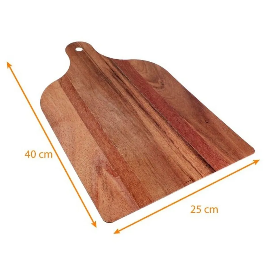 La DECORATION BUFFET AMBIANCE ANTILLAISE est une planche à découper rectangulaire en bois, munie d'une poignée et d'un trou, mesurant 40 cm de long et 25 cm de large, présentée avec des flèches orange et des étiquettes de mesure.
