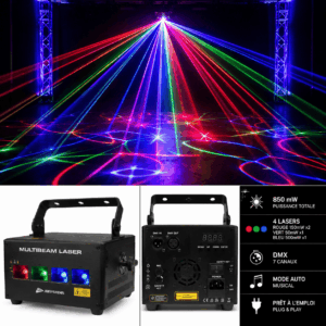 Le MULTIBEAM LASER de JB SYSTEMS projette des faisceaux laser rouges, verts et bleus dans une pièce sombre. Les détails et les caractéristiques techniques du produit sont fournis, accompagnés d'images montrant l'appareil vu de face et de dos.