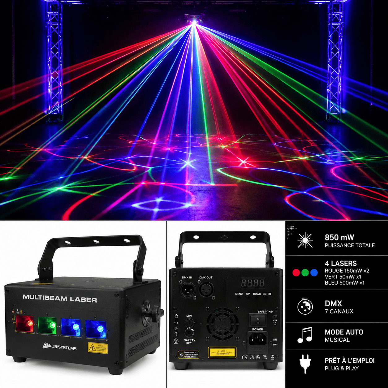 Le MULTIBEAM LASER de JB SYSTEMS projette des faisceaux laser rouges, verts et bleus dans une pièce sombre. Les détails et les caractéristiques techniques du produit sont fournis, accompagnés d'images montrant l'appareil vu de face et de dos.