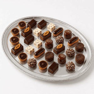 Un plateau ovale en argent met en valeur le « PLATEAU DE 48 PETITS FOURS TOUT CHOCOLAT », qui propose un élégant assortiment de petits desserts au chocolat, comprenant notamment des carrés au chocolat, des petits gâteaux ronds, des mini-éclairs et des pâtisseries agrémentées de rondelles d'orange séchées et de décorations en chocolat.