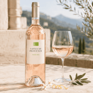 Une bouteille de SUMMERTIME BY LA GORDONNE BIO ROSÉ de 75 cl et un verre de rosé reposent sur un rebord en pierre baigné de soleil, à l'extérieur, au milieu de la verdure, des fleurs et des collines lointaines en arrière-plan.