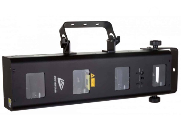 Le JB SYSTEMS MULTIBEAM LASER est un appareil d'éclairage de scène rectangulaire de couleur noire, doté d'une poignée sur le dessus, de quatre fenêtres frontales, de boutons de réglage latéraux et de boutons et ports de commande centraux.
