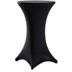 A NAPPE NOIRE POUR MANGE DEBOUT HAUT recouvre une table de cocktail haute et ronde, offrant un aspect ajusté pour un style épuré et moderne.